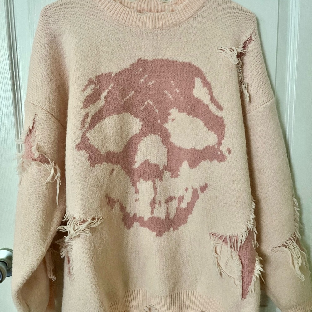 Pink Skull Distressed Sweater